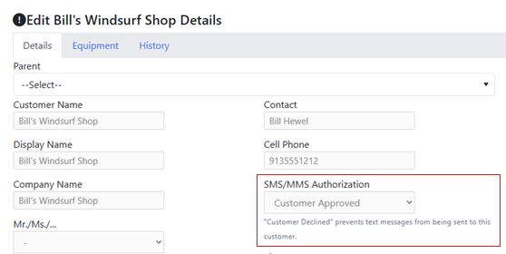 Customer record showing the SMS/MMS Authorization setting