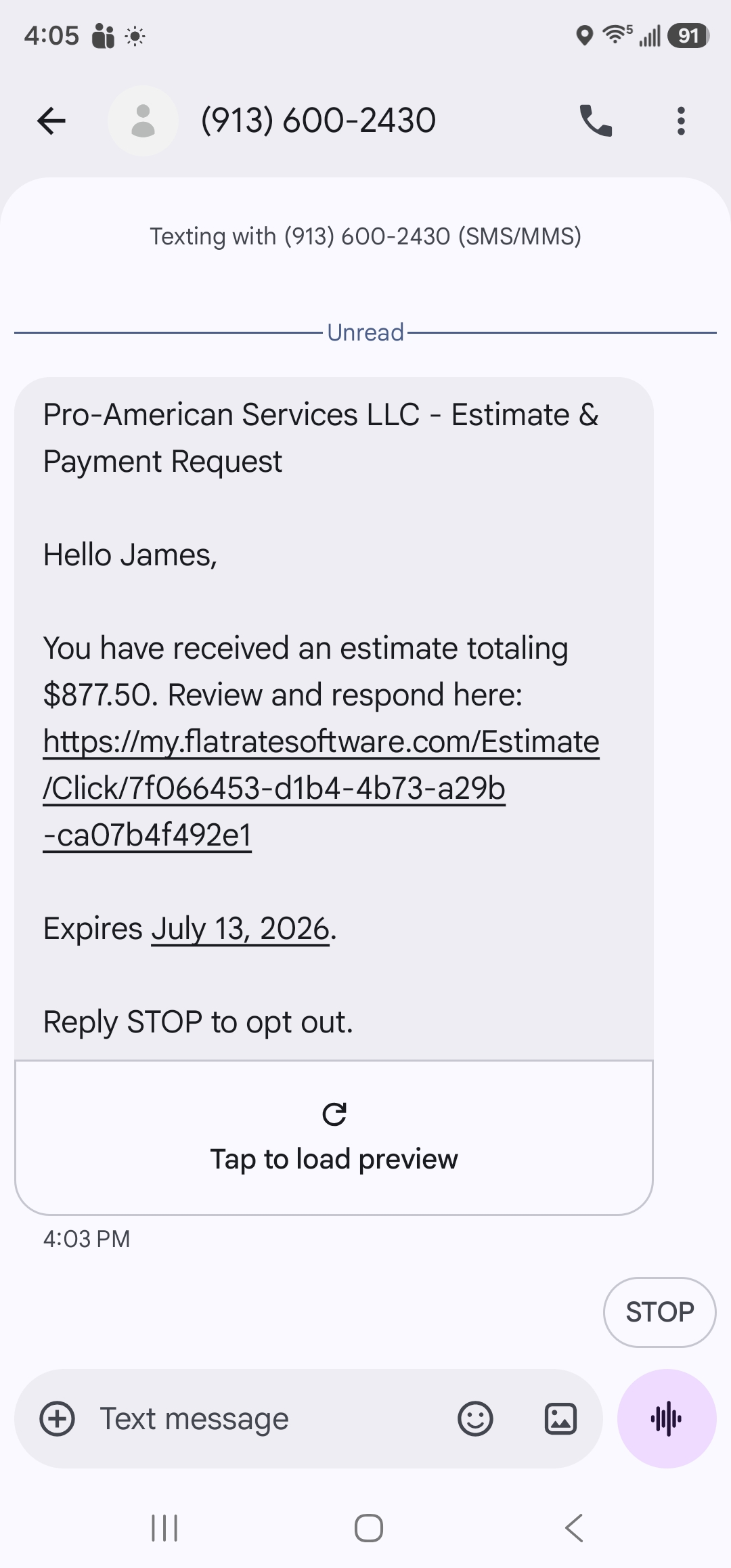 Example text message as received on a phone, showing the business name and STOP opt-out line