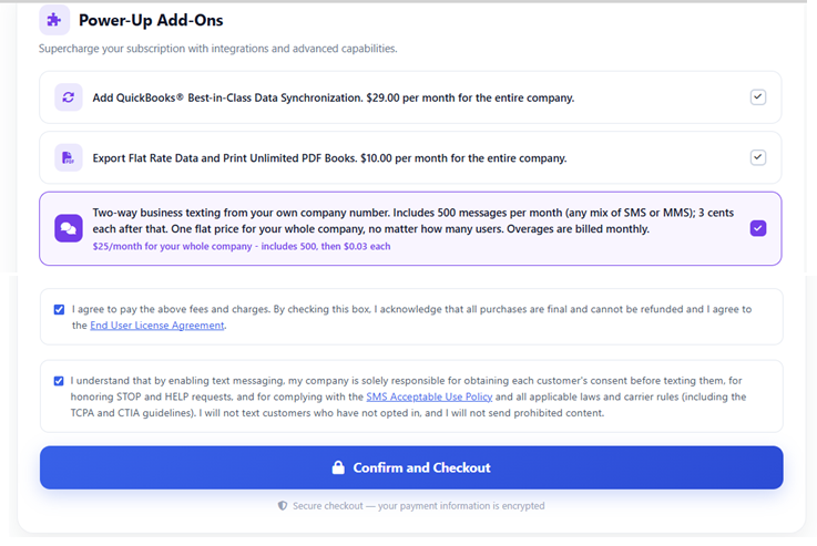 Business enabling texting and accepting the SMS Acceptable Use Policy at checkout